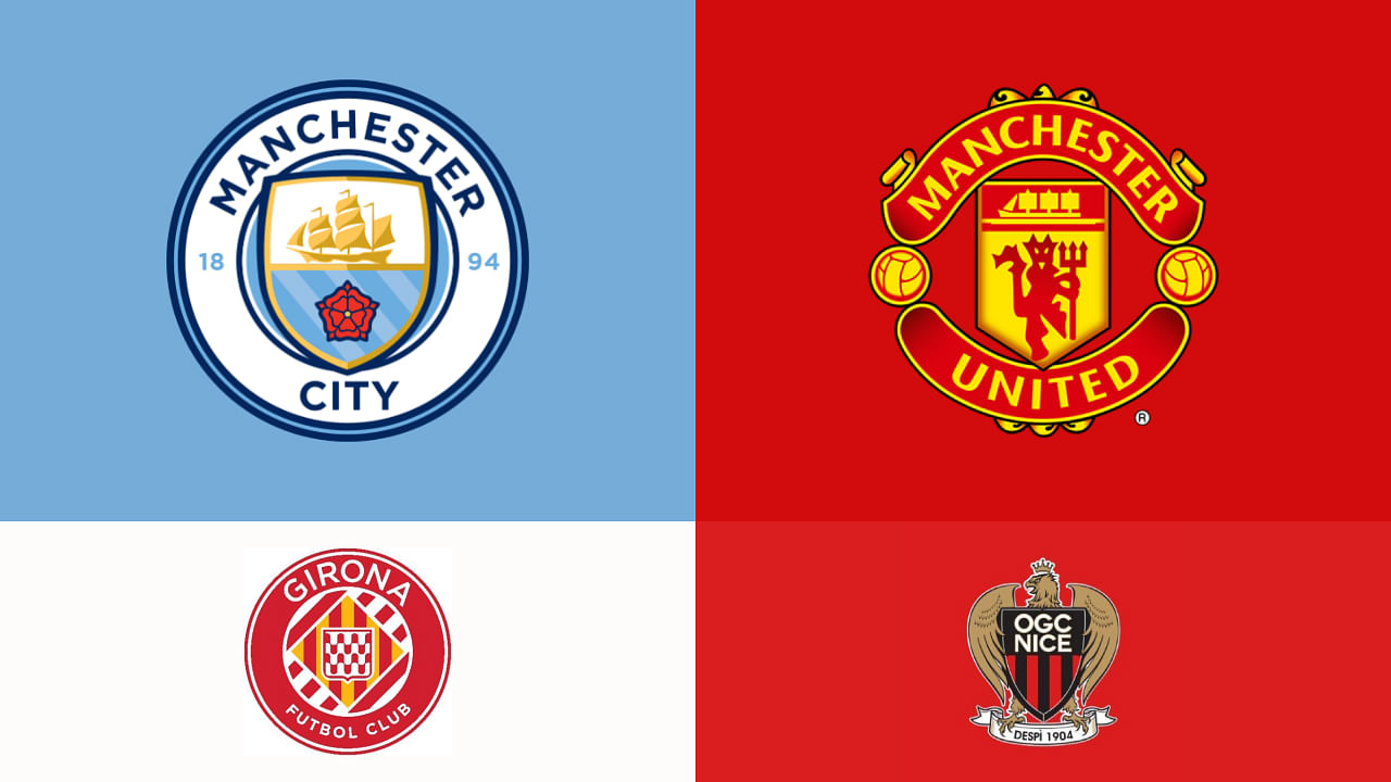 <div class="paragraphs"><p>Logos of Man City(T-L) and Man Utd(T-R) with logos of their sister clubs Girona FC(B-L) and OGC Nice(B-R).</p></div>